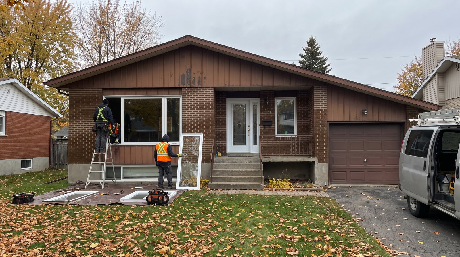 Deux installateurs posent une fenêtre à battant blanche neuve sur la façade en brique d'un bungalow des années 1970 à Repentigny