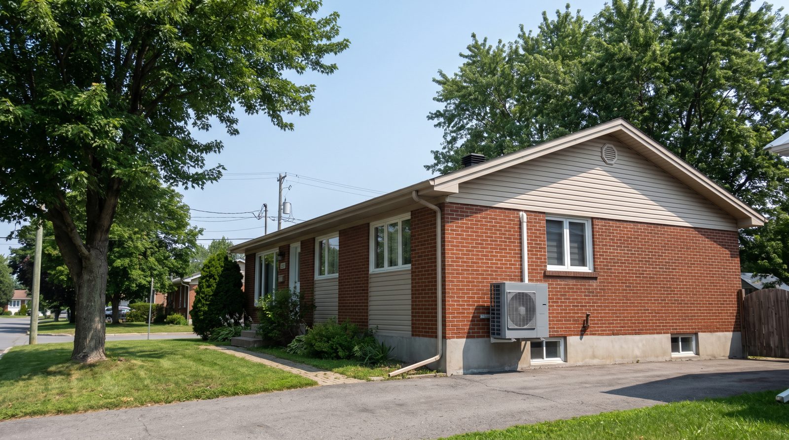Unité extérieure de climatiseur mural fixée au mur de brique d'un bungalow à Mascouche par une journée d'été ensoleillée