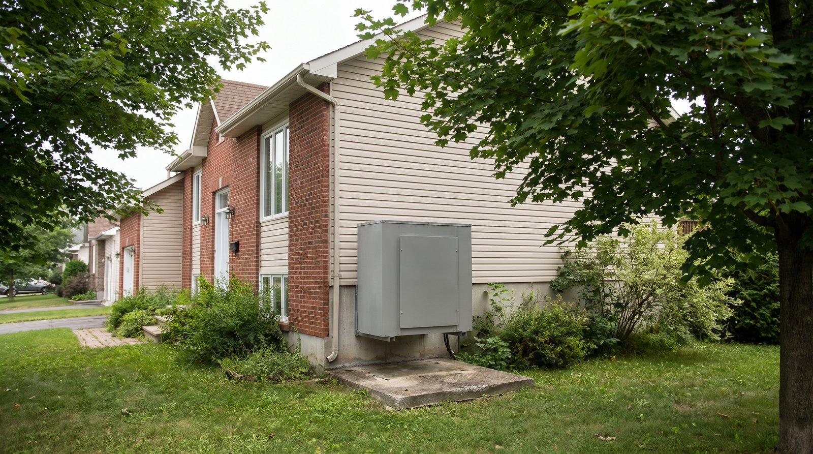 Unité extérieure de climatiseur murale posée près d'une maison de banlieue à Boisbriand sous un ciel humide d'été