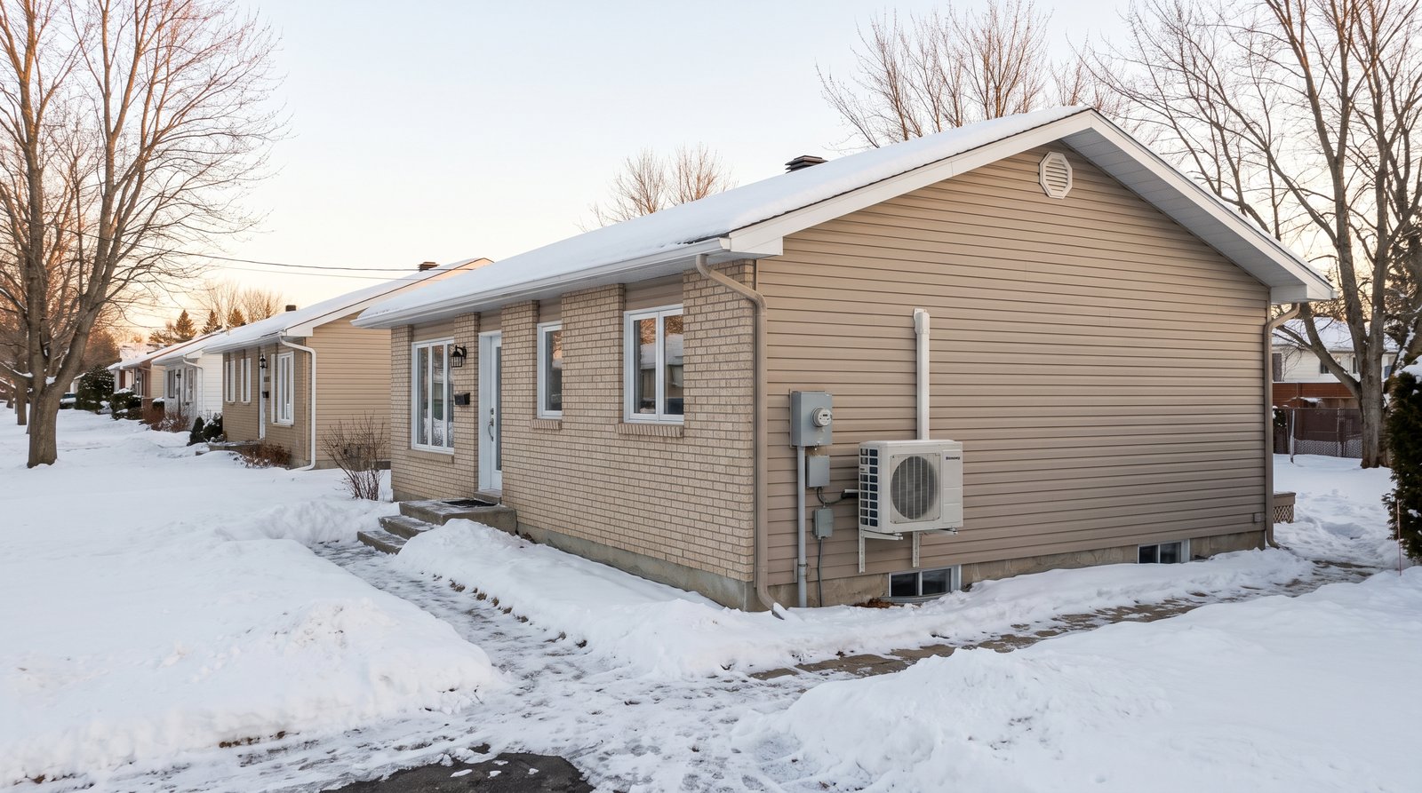 Bungalow des années 1970 à Boisbriand avec plinthes électriques et thermopompe murale installée en façade