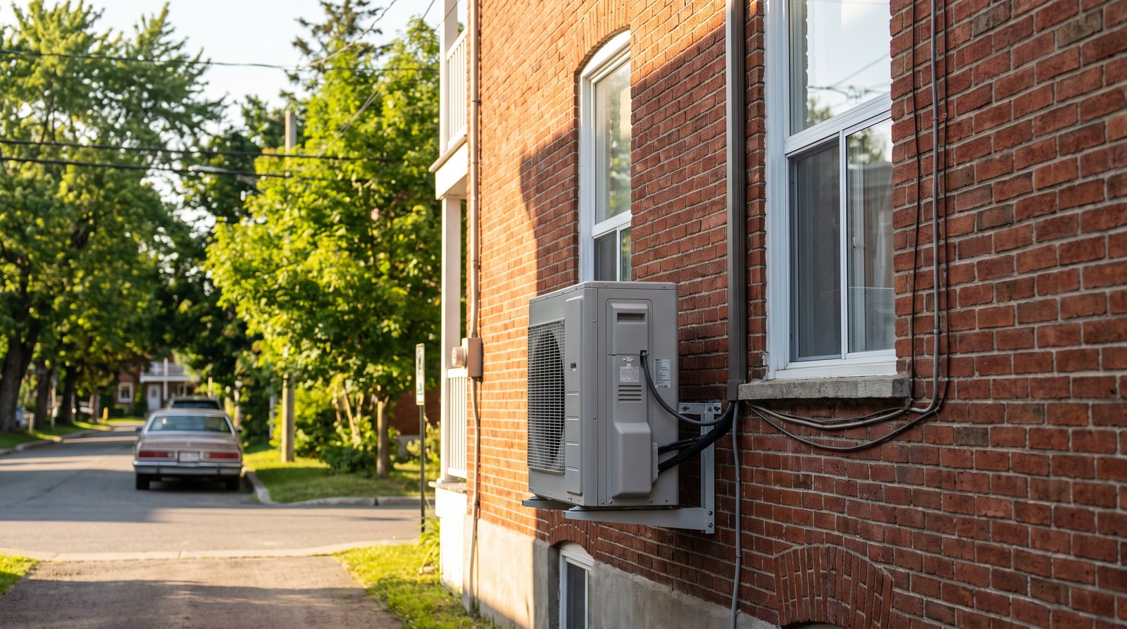 Unité extérieure de climatiseur mural fixée au mur d'un duplex en brique du centre-ville de Joliette en été