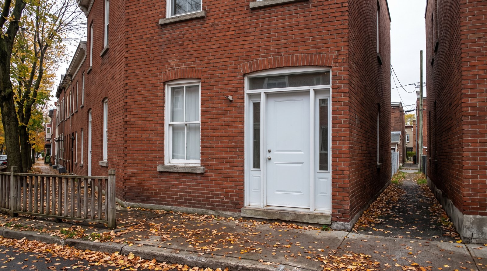 Fenêtre à guillotine blanche neuve posée dans une façade en brique du centre-ville ancien de Joliette