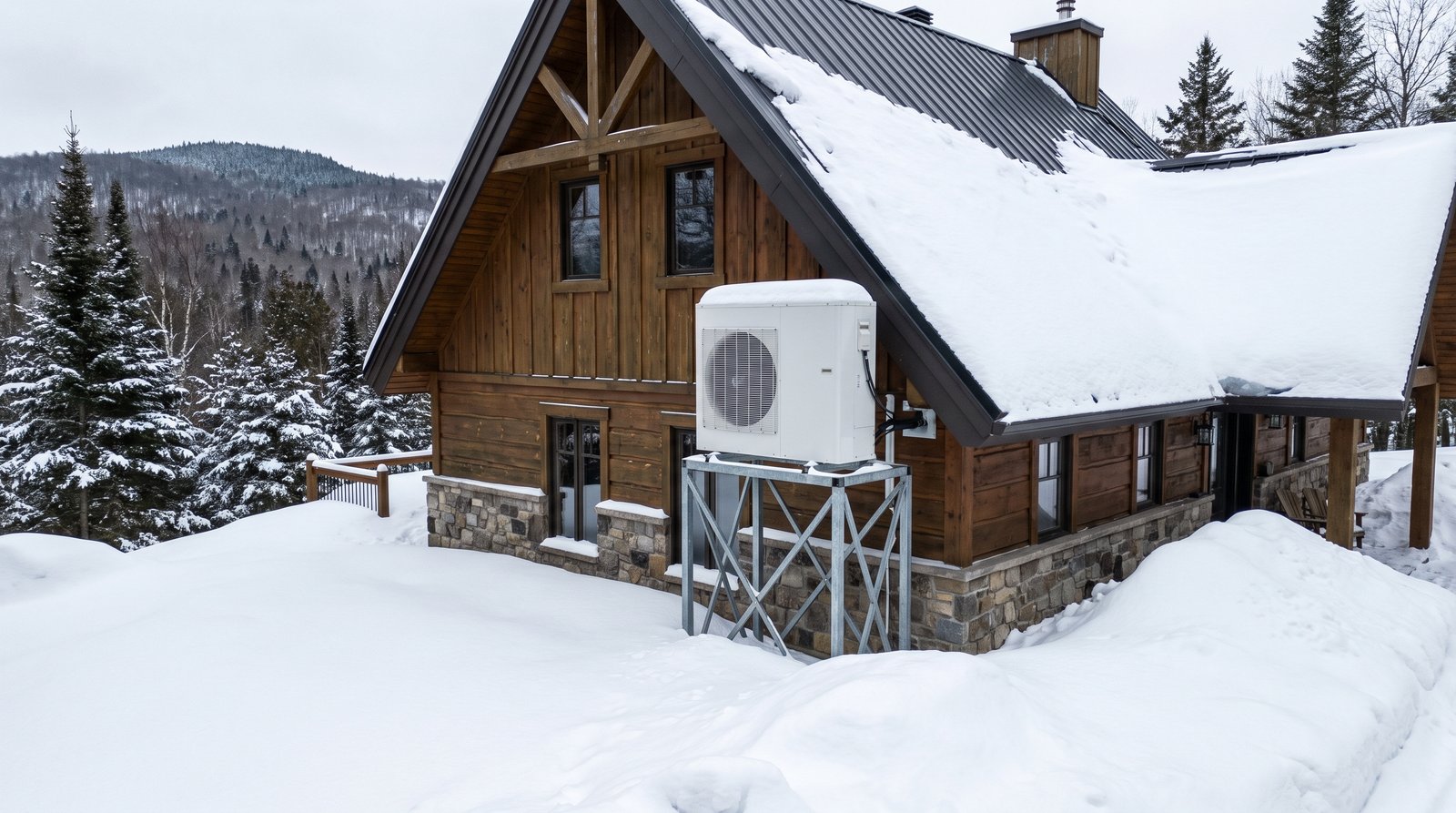 Thermopompe murale extérieure installée sur support surélevé face à la neige d'un chalet des Laurentides près de Mont-Tremblant
