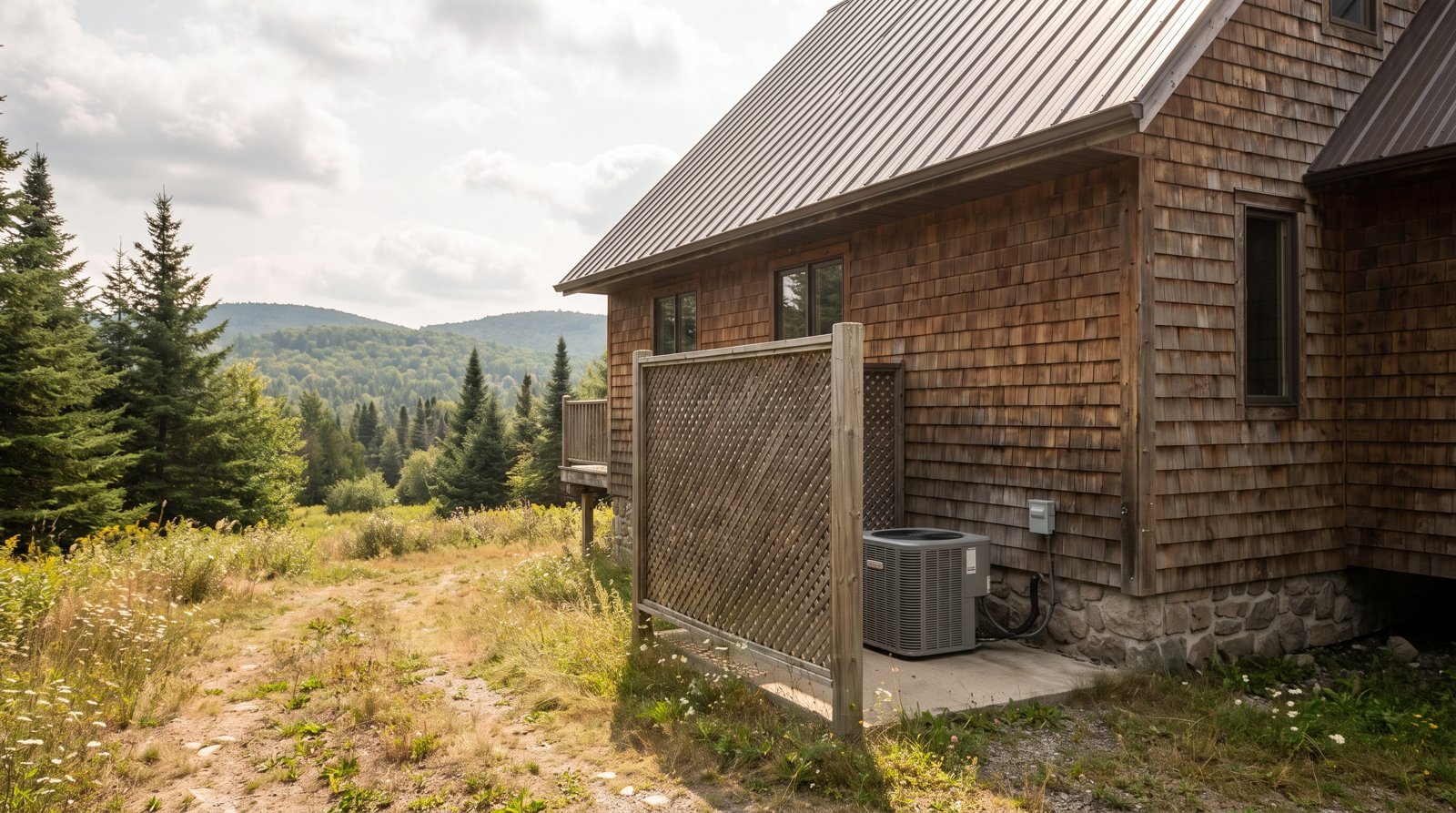 Thermopompe murale installée derrière un écran en treillis de bois, sur le mur d'un chalet en bardeaux de cèdre des Laurentides