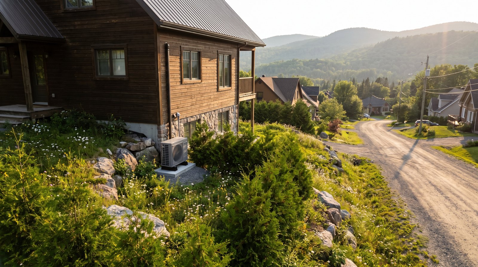 Unité extérieure de climatiseur mural posée sur un socle en bordure d'une maison en bois sur un terrain en pente à Saint-Sauveur