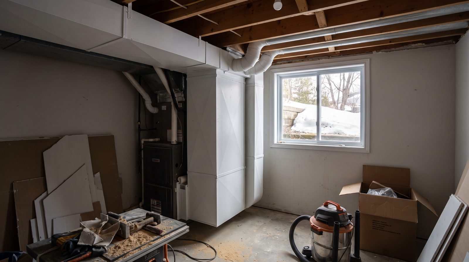 Technicien qui inspecte à la caméra un conduit de ventilation dans le sous-sol d'une maison à Gatineau après des travaux de rénovation