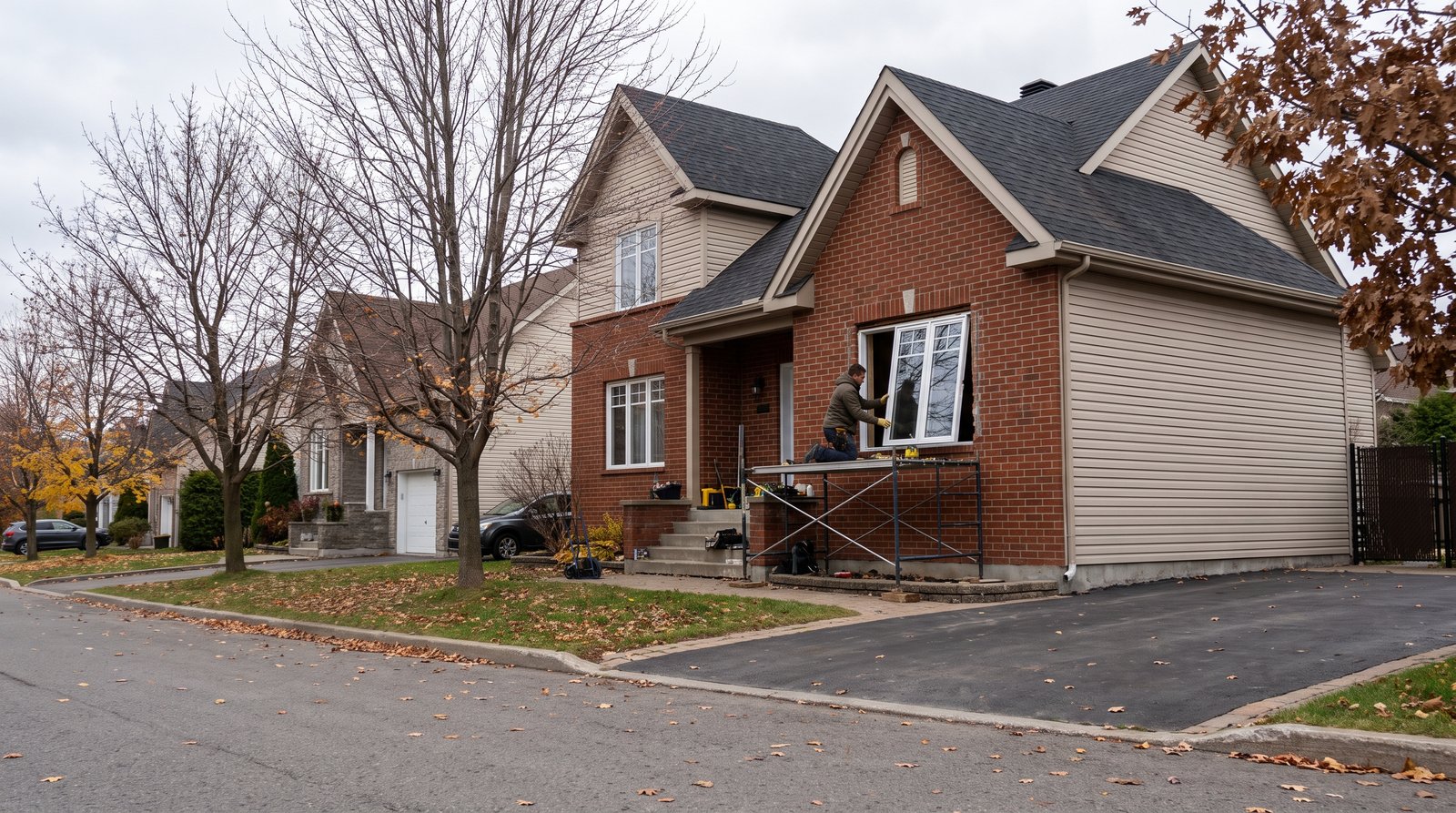 Installateur qui pose une fenêtre à battant blanche neuve sur la façade d'un cottage résidentiel de Boisbriand en automne