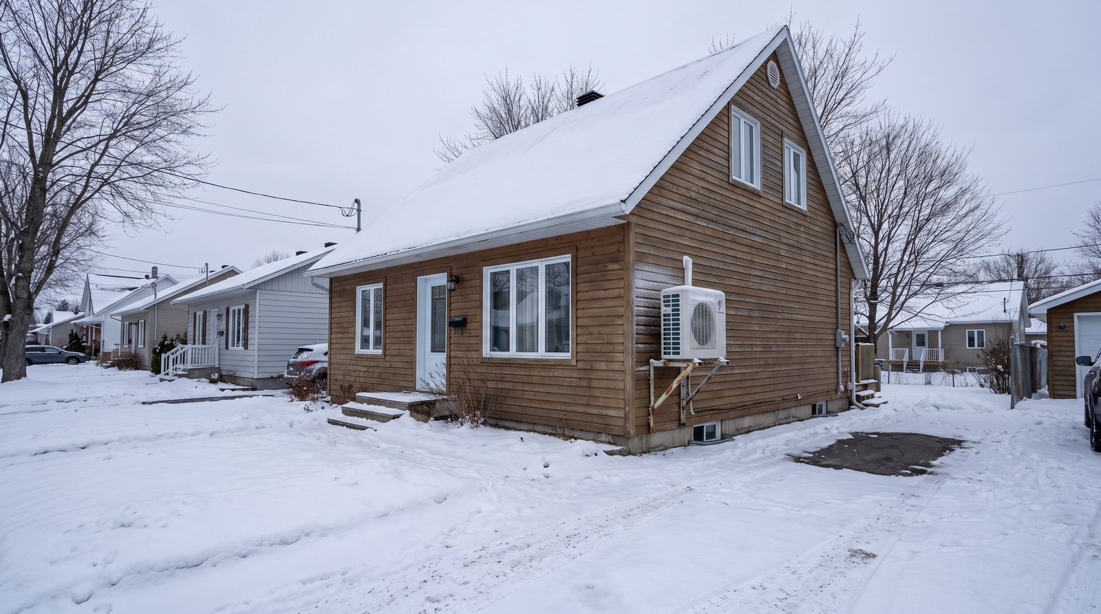 Maison de banlieue à Joliette en hiver avec unité extérieure de thermopompe couverte de neige