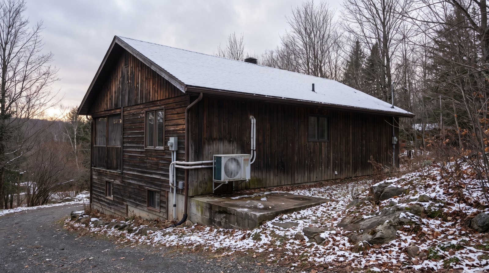 Chalet en bois recouvert de neige légère à Saint-Sauveur avec une thermopompe murale extérieure