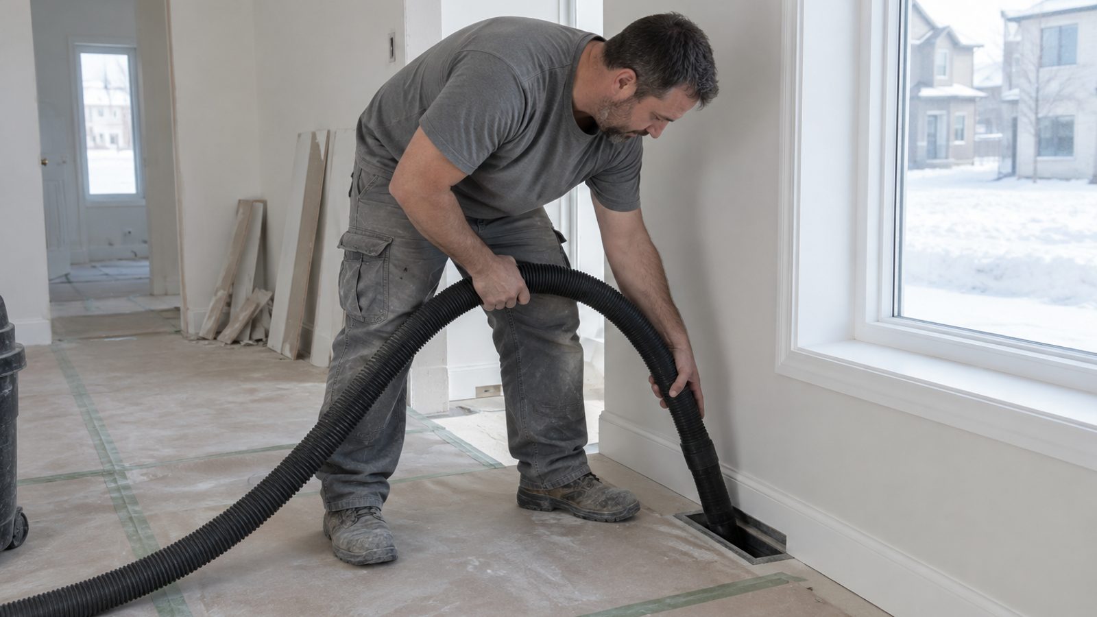 Technicien qui inspecte à la caméra le réseau de conduits neuf dans le sous-sol non fini d'une maison en construction à Mascouche