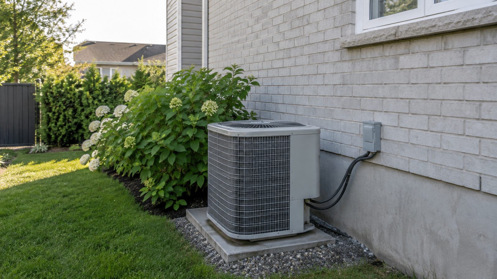Unité extérieure de climatiseur mural installée près d'une maison neuve à un étage dans un quartier résidentiel récent de Sainte-Anne-des-Plaines