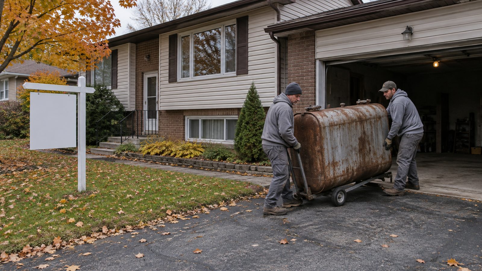 Maison unifamiliale de Gatineau avec une pancarte à vendre et un vieux réservoir de mazout sorti sur l'entrée