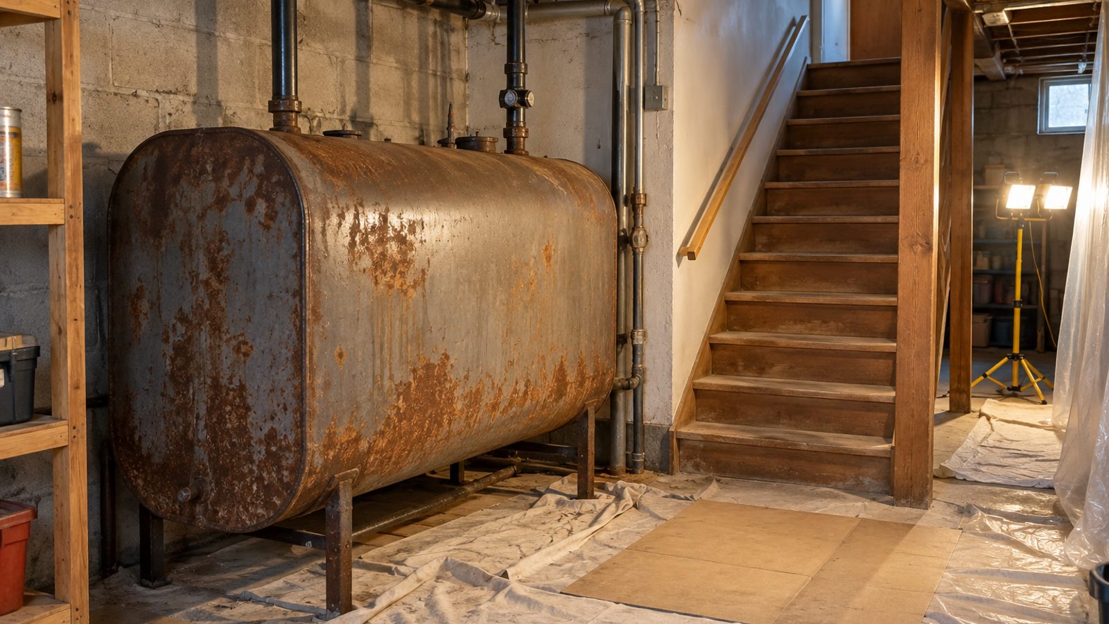 Ancienne cuve à mazout dans le sous-sol d'une maison de Terrebonne, plancher protégé avant le retrait