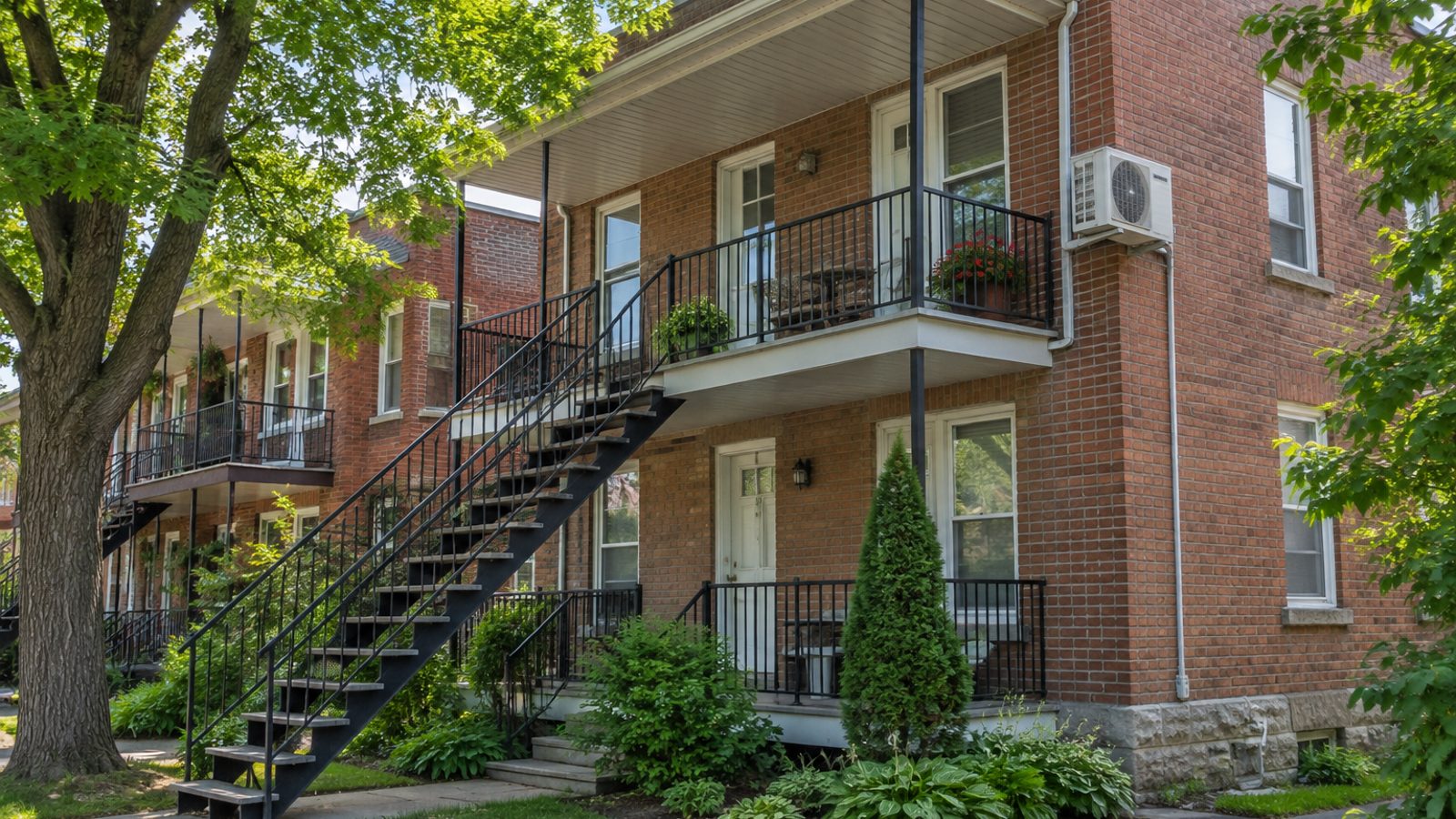 Plex en brique d'un quartier ancien de Sainte-Thérèse avec un climatiseur mural sur le balcon