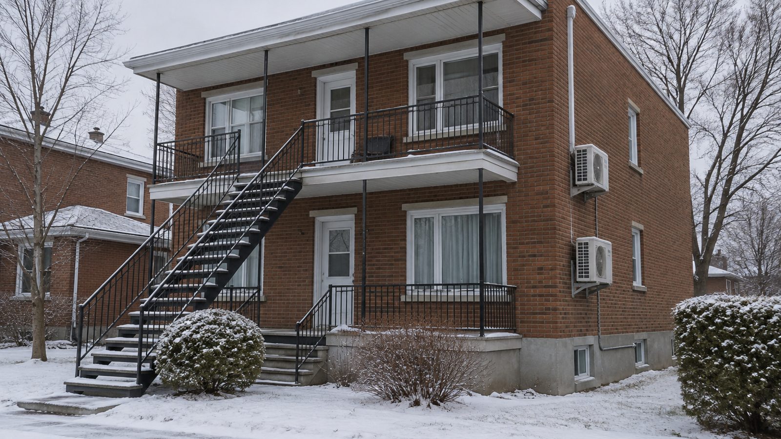 Duplex en brique typique de Sainte-Thérèse en hiver, avec une thermopompe murale par logement
