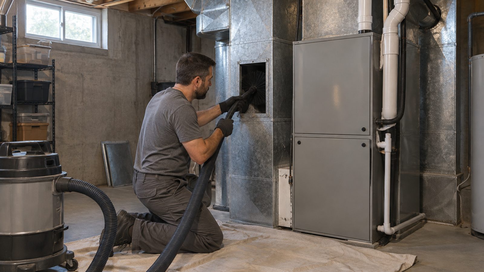 Technicien qui nettoie des conduits de ventilation au sous-sol d'une maison de Blainville avant une thermopompe centrale