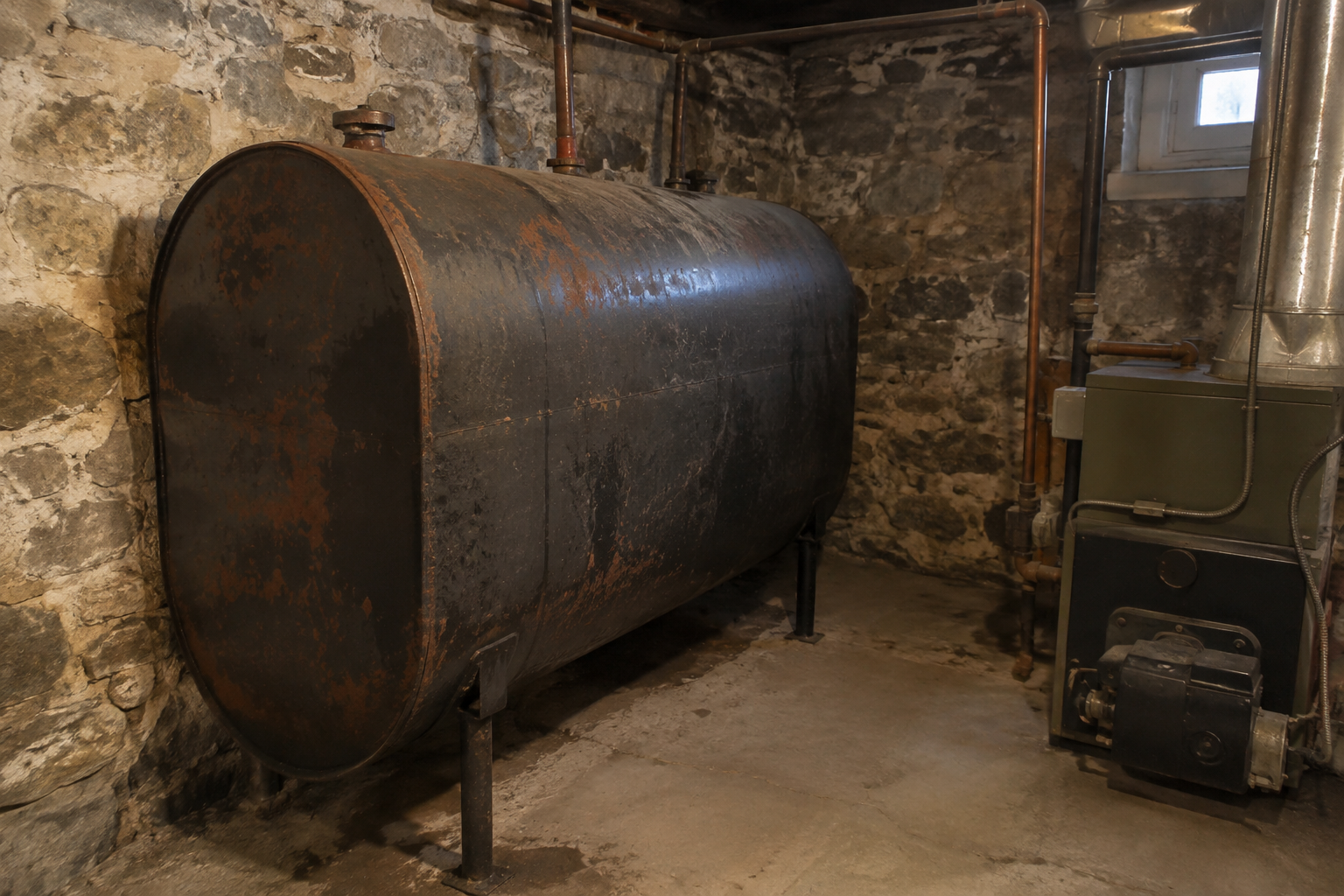 Ancien réservoir de mazout en acier sur pattes dans un sous-sol à fondation de pierre, relié à une vieille fournaise