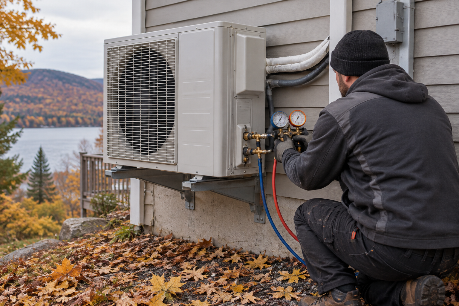 Technicien en climatisation qui raccorde des manomètres aux vannes de service d'une thermopompe neuve installée au mur d'une maison
