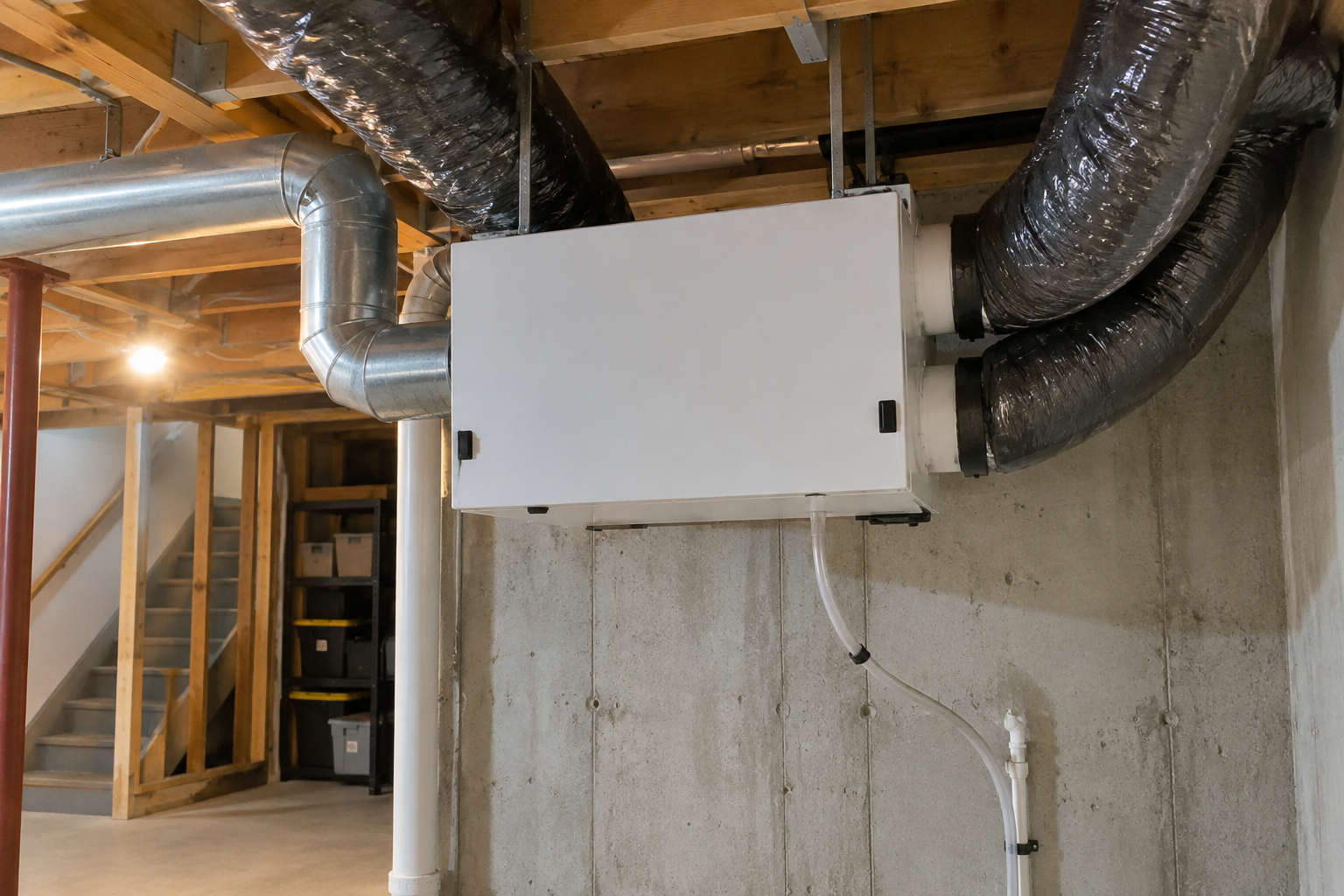 Échangeur d'air installé au sous-sol d'une maison avec conduits isolés et conduits rigides raccordés