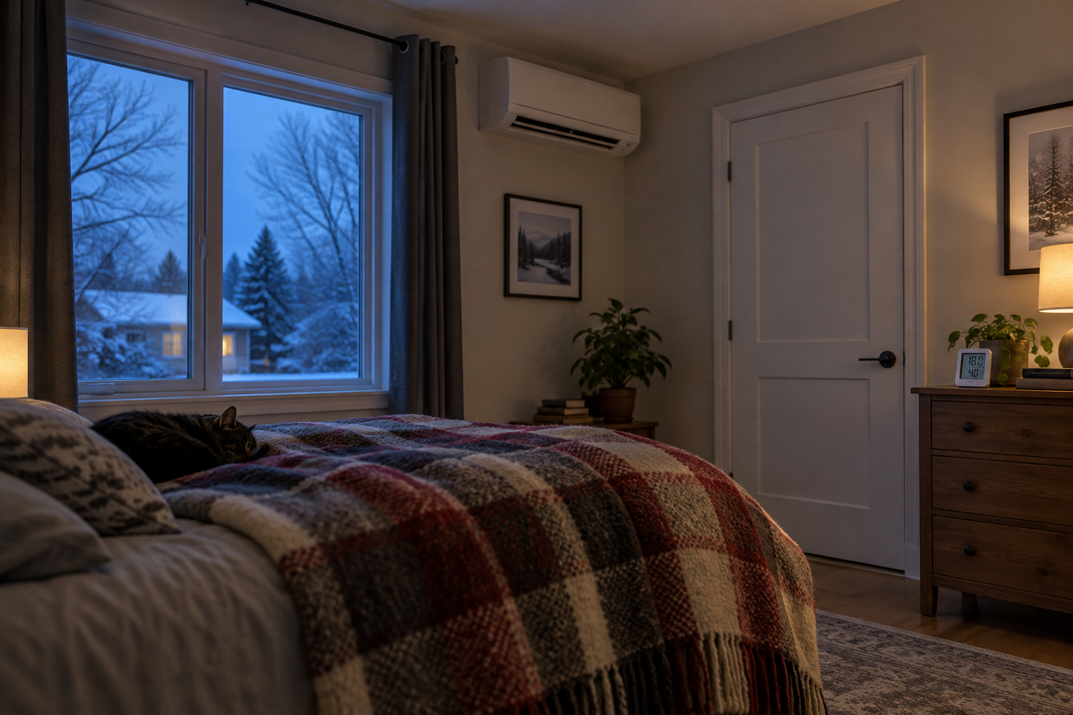 Chambre à coucher en hiver avec une thermopompe murale, une porte fermée et une couverture épaisse sur le lit