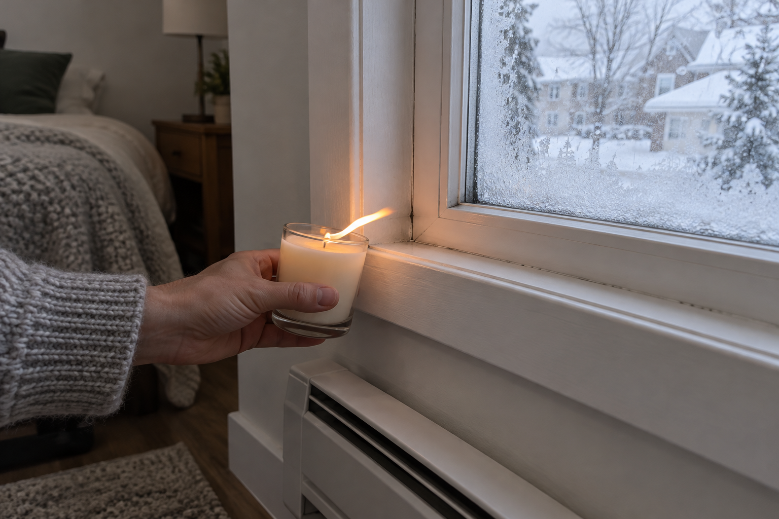 Main tenant une bougie près du cadre d'une fenêtre givrée pour repérer une fuite d'air au-dessus d'une plinthe électrique