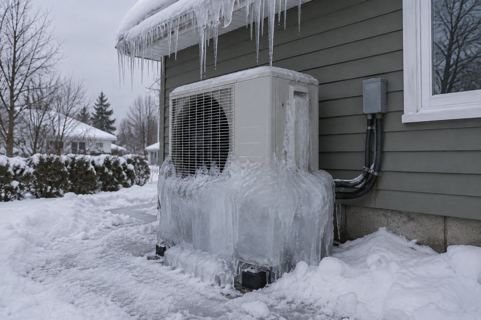Unité extérieure de thermopompe enrobée d'un bloc de glace sous des glaçons qui tombent du toit d'une maison en hiver