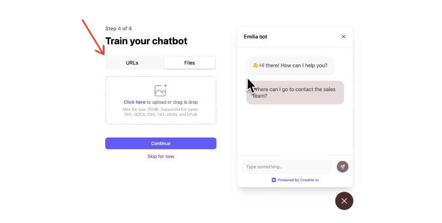 Uploading a URL to train the Creator.io chatbot