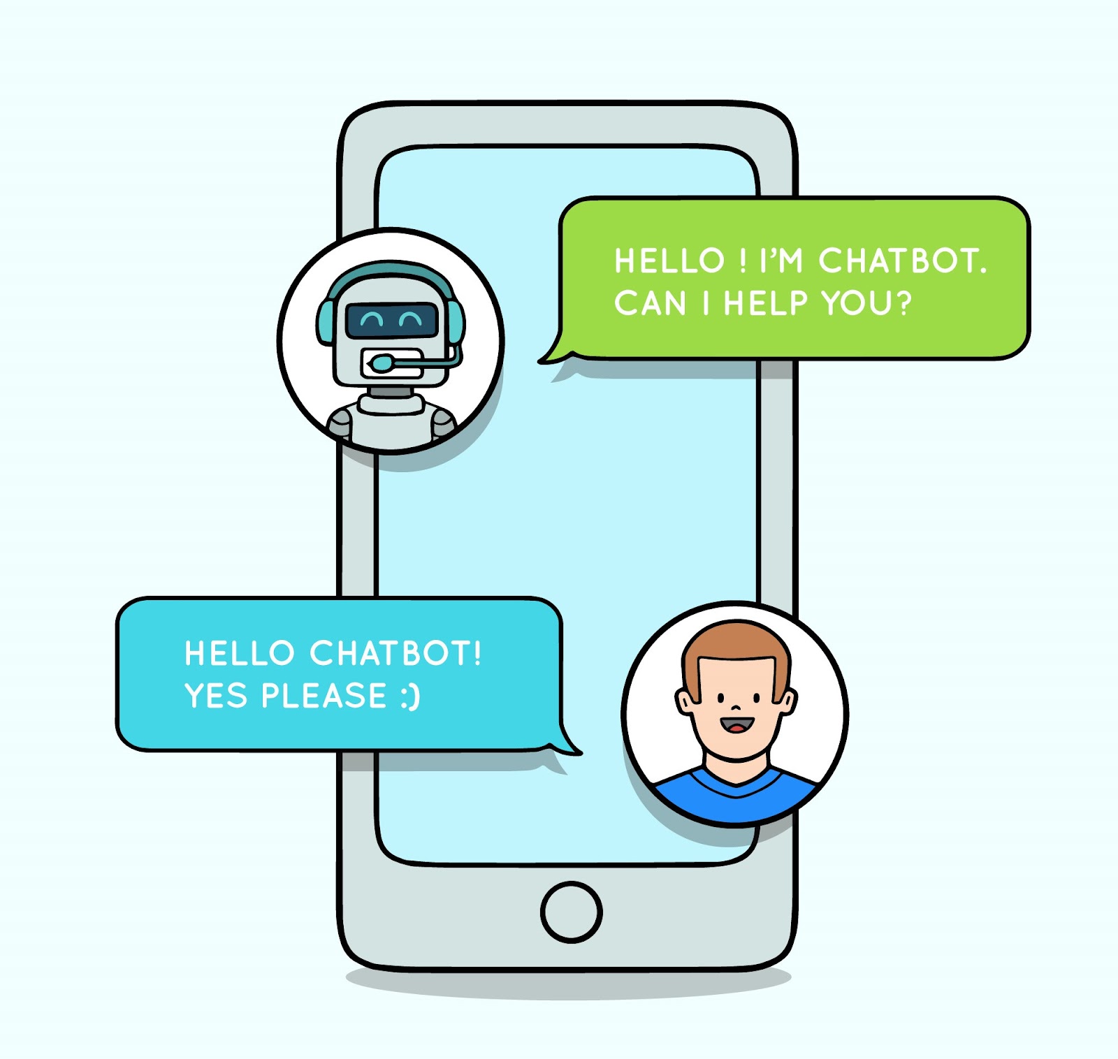 Drawing of a person communicating with a chatbot on a cellphone.