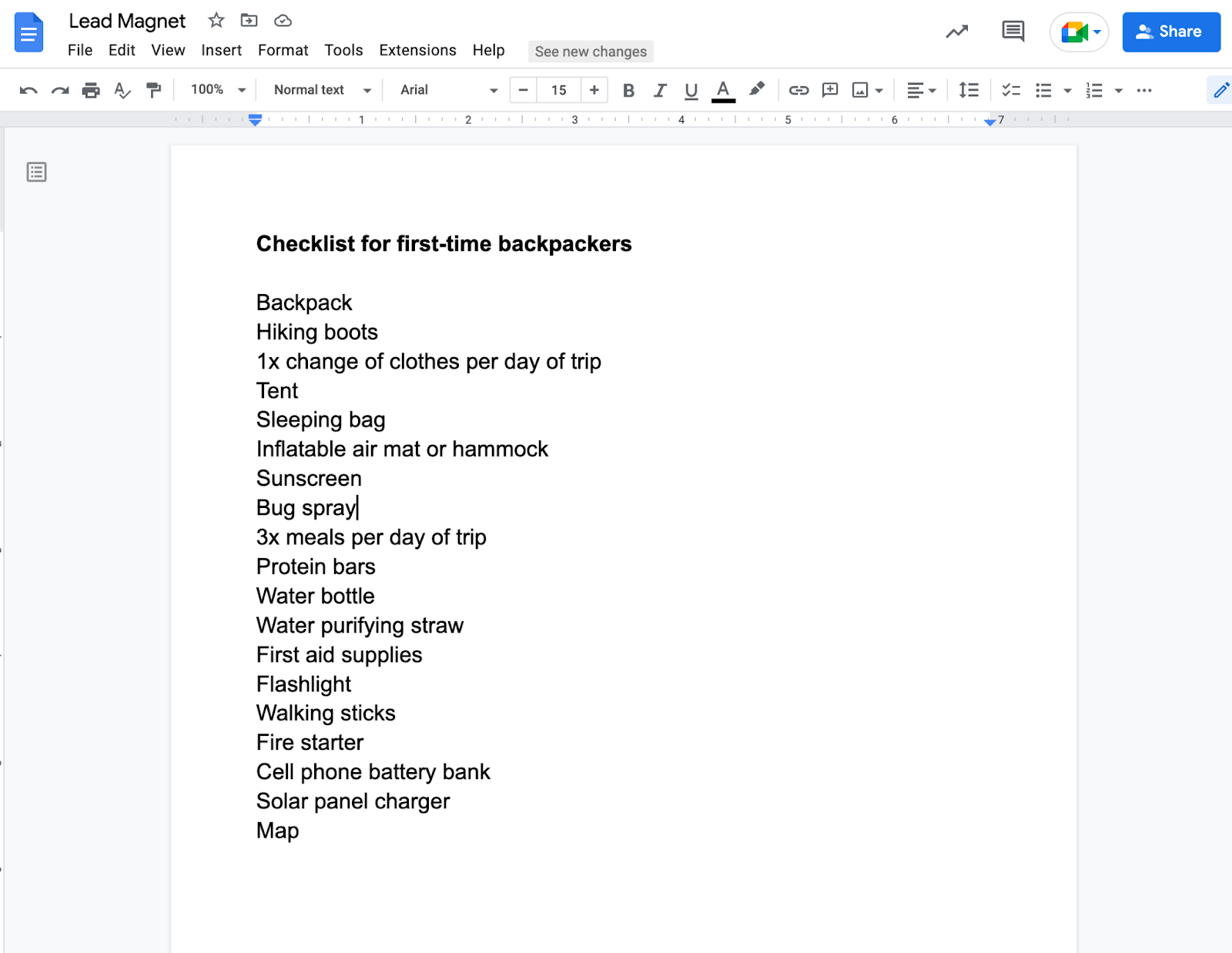 Screenshot of a Google Documents page listing a sample checklist of equipment for first-time backpackers