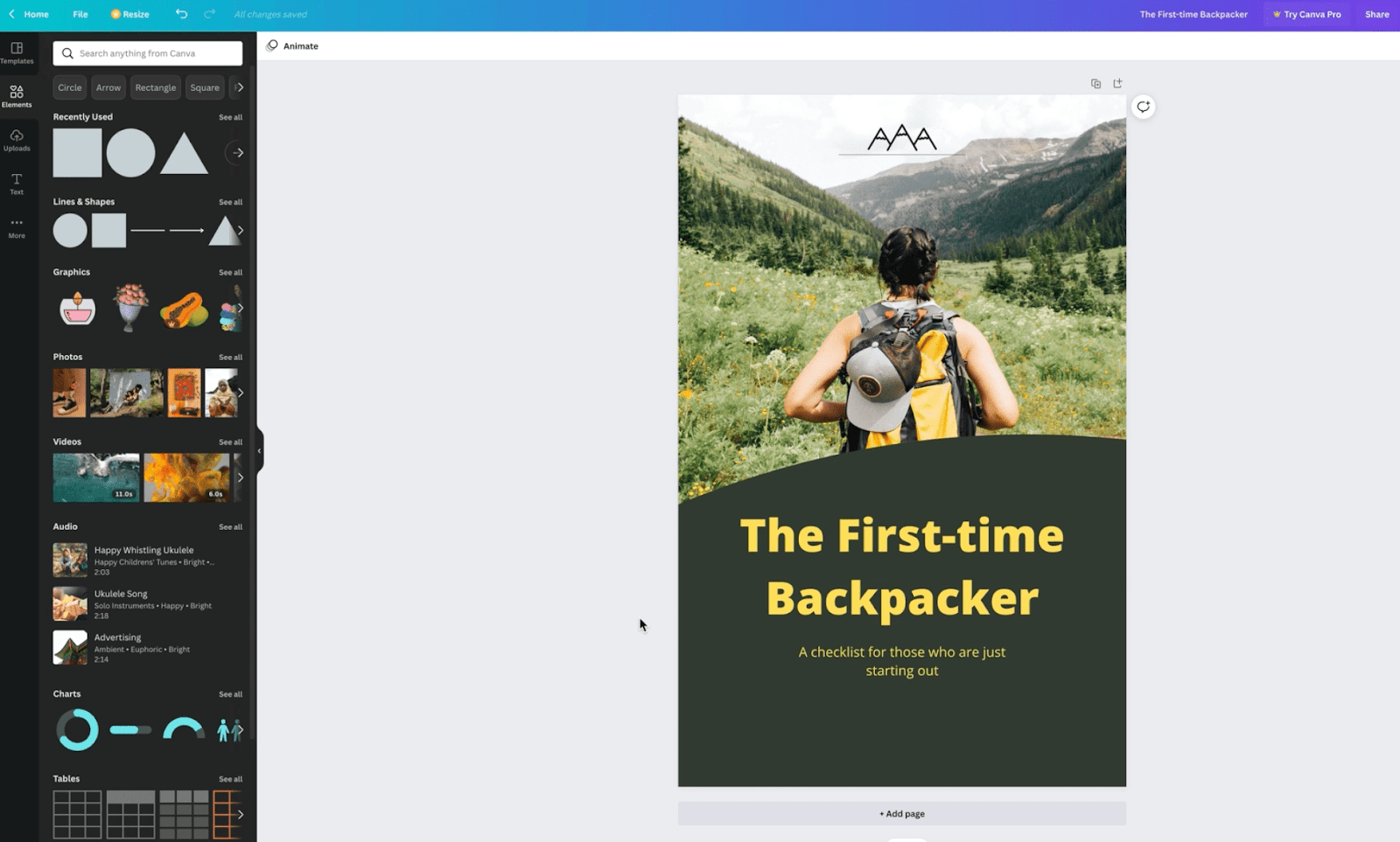 Screenshot of a Canva window designing a lead magnet with an image of a hiker and text saying The First Time Backpacker; a checklist for those who are just starting out