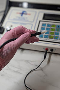 Woman's gloved hand holding an electrolysis needle. With an electrolysis machine in the background.