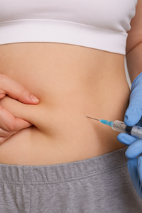 A closeup of a stomach getting a PCDC Fat Dissolving injection in the stomach area at Complexion Medspa Cobourg