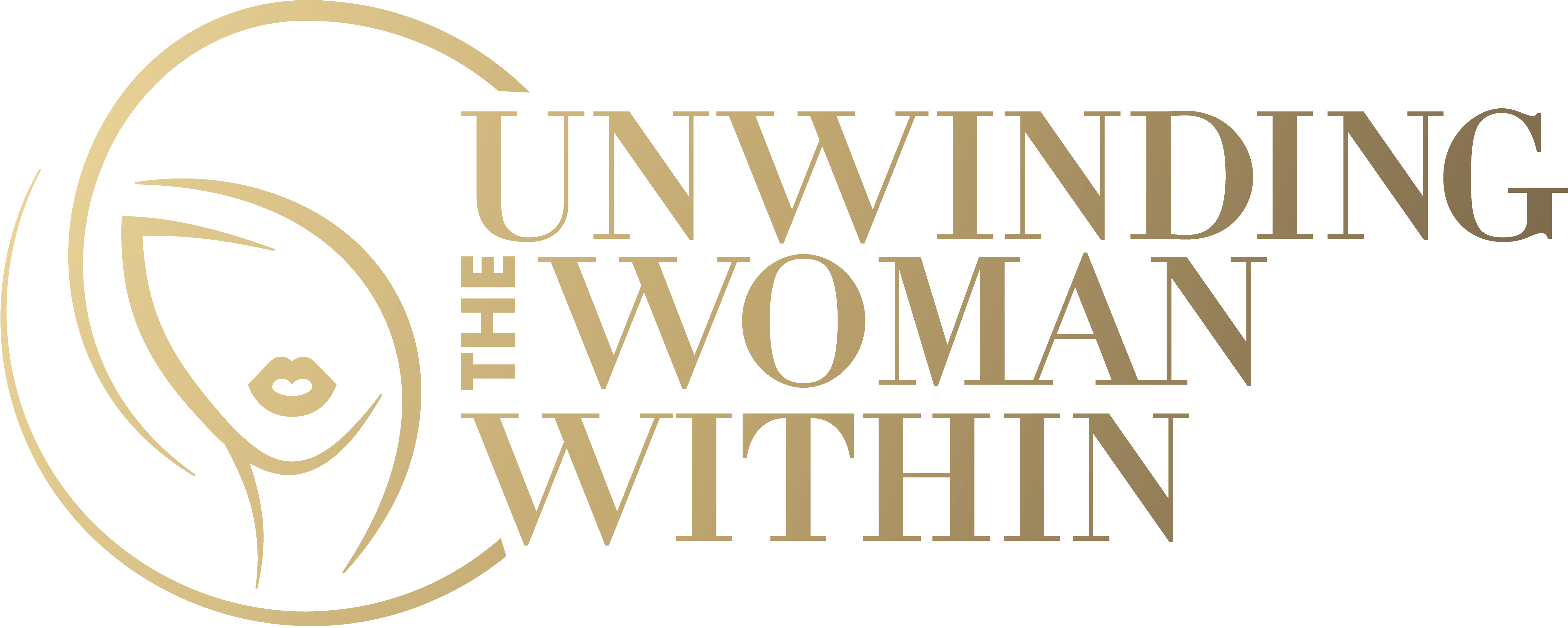 Logo featuring a stylized abstract face of a woman enclosed in a partial circle with the text 'Unwinding the Woman Within' in elegant serif font.
