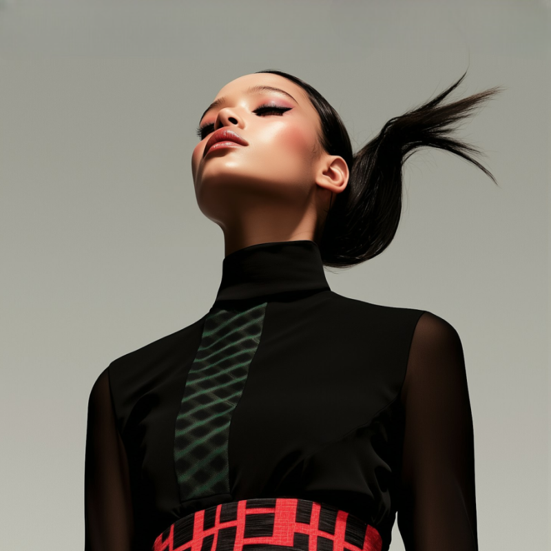 A woman with her hair in a high ponytail.