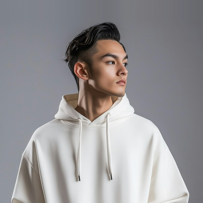 A young man wearing a white hoodie.