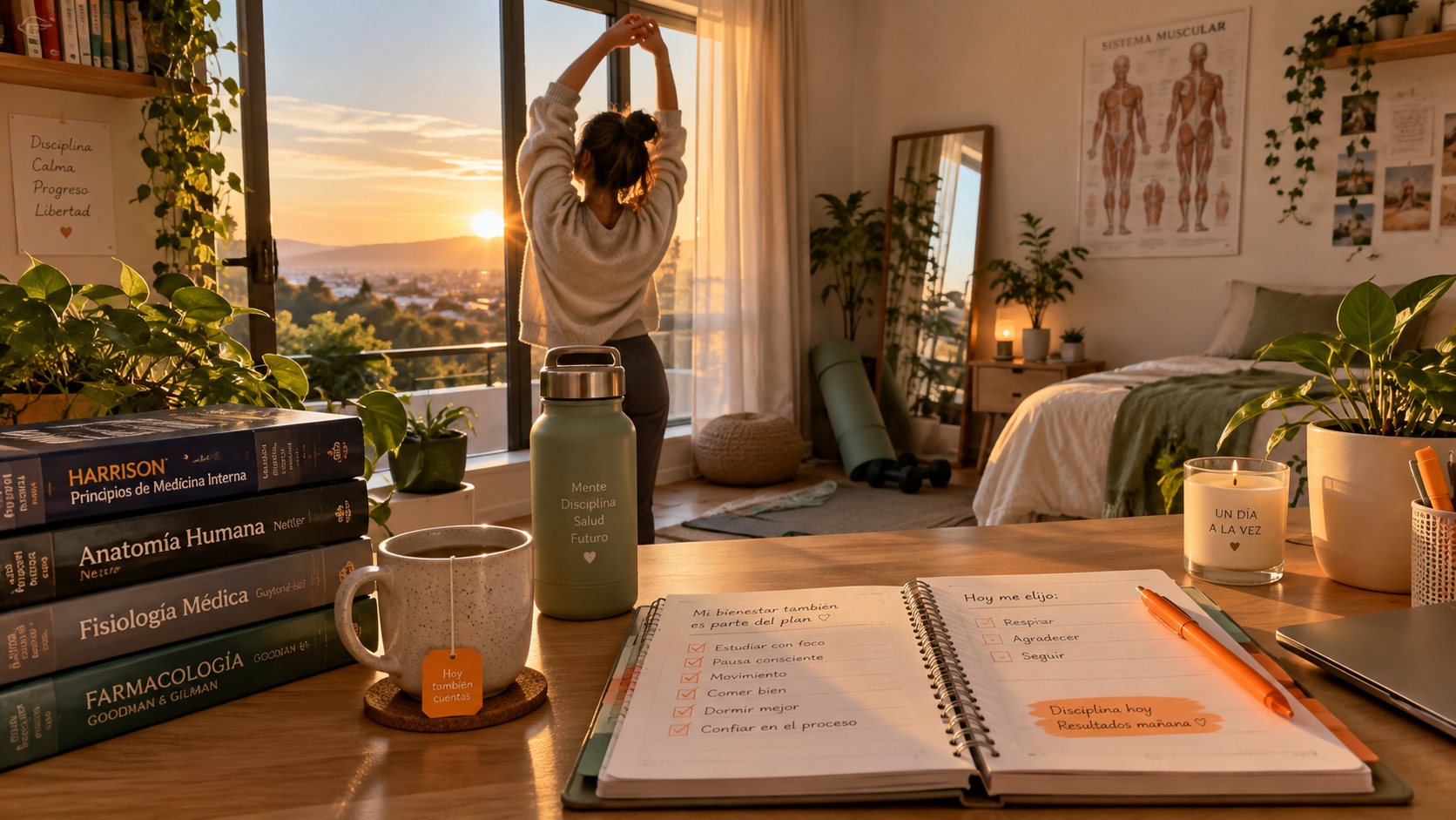 Estudiante de medicina practicando autocuidado y bienestar durante preparación MIR con vista al atardecer