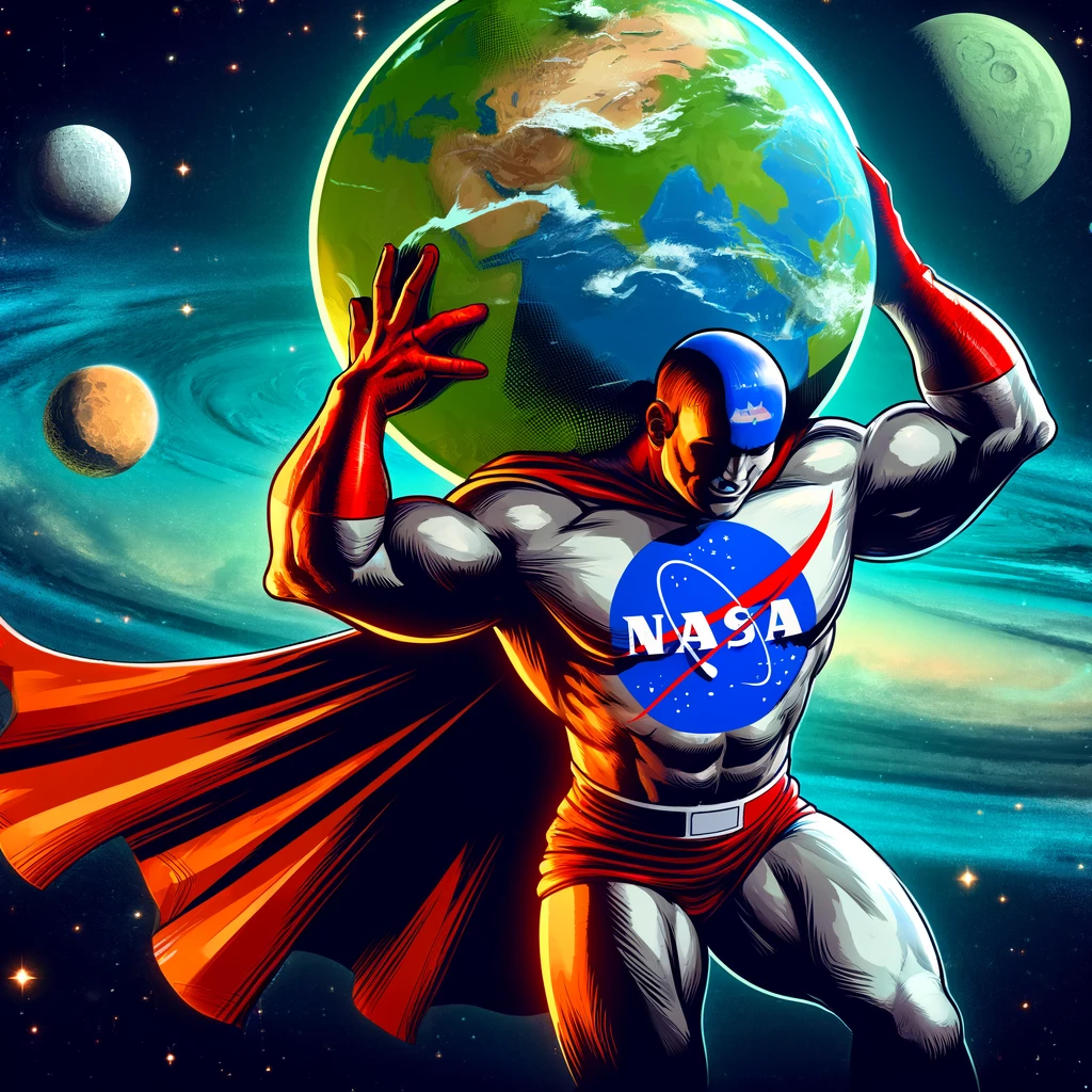 NASA as a superhero carries the world on his back with Mars in the distance.
