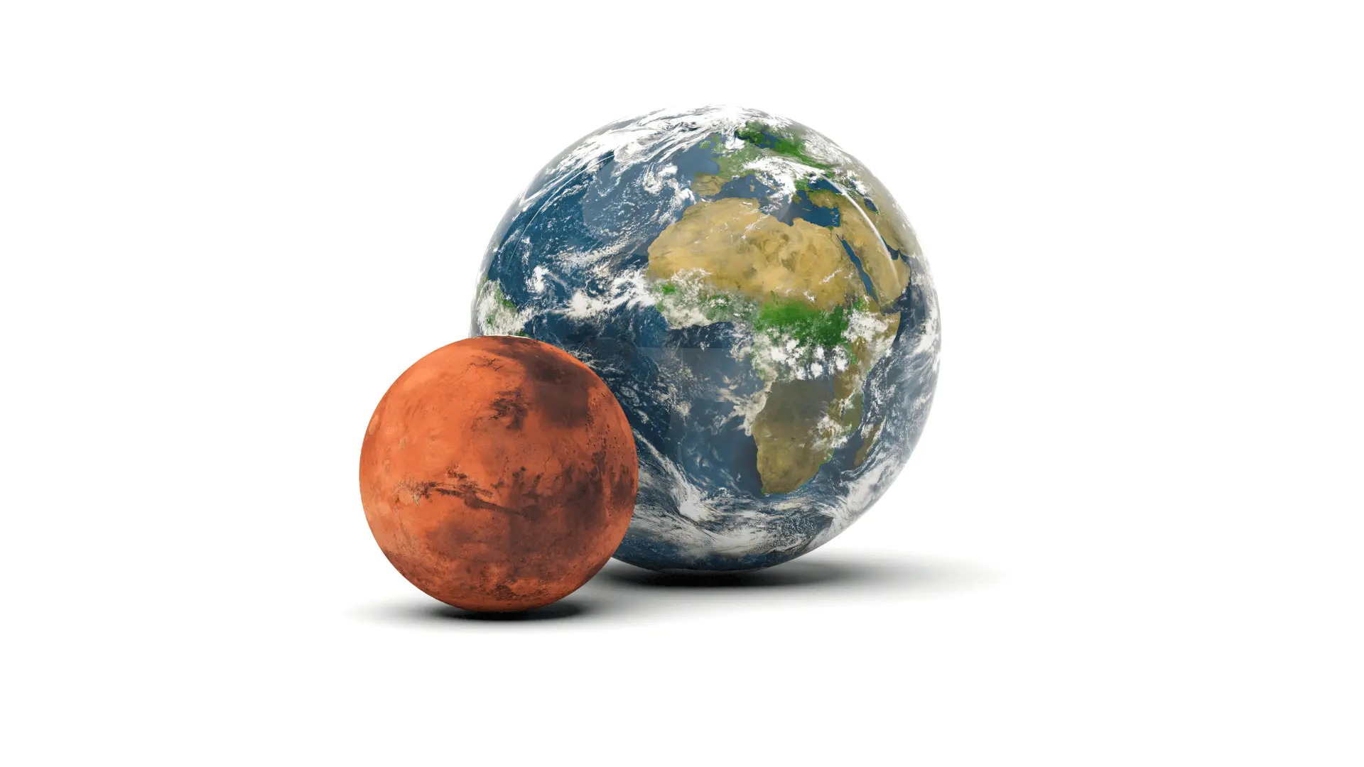 Large Earth and Mars together on a white background