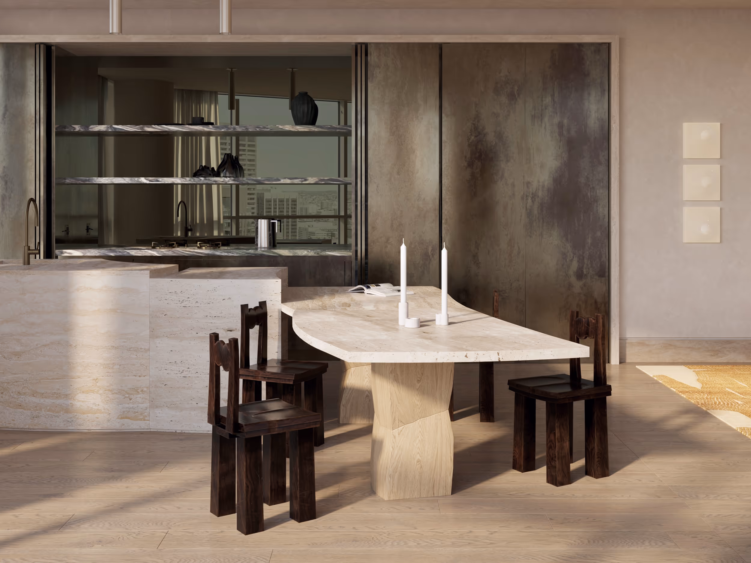 Sophisticated kitchen and dining space with a carved travertine table and sculptural wood base. Dark wood chairs by Minjae Kim contrast with pale wood floors. Backdrop includes built-in stone counters and open shelving with tinted mirror backsplash. {horizontal}