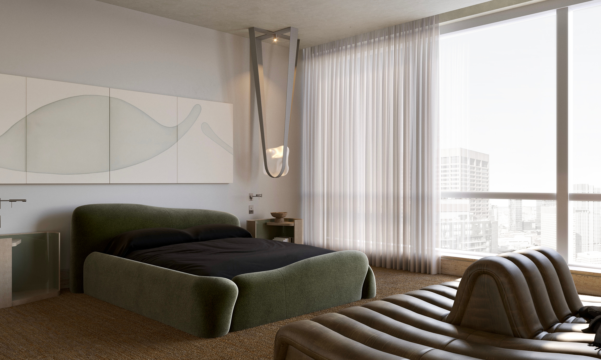 Minimalist bedroom with a sculptural green bed by Faina, black bedding, and a distinctive custom designed soft-edged ceiling light. Sheer curtains cover floor-to-ceiling windows, with a Boston skyline visible outside. A curved leather chaise by De Sede faces the bed. {horizontal}