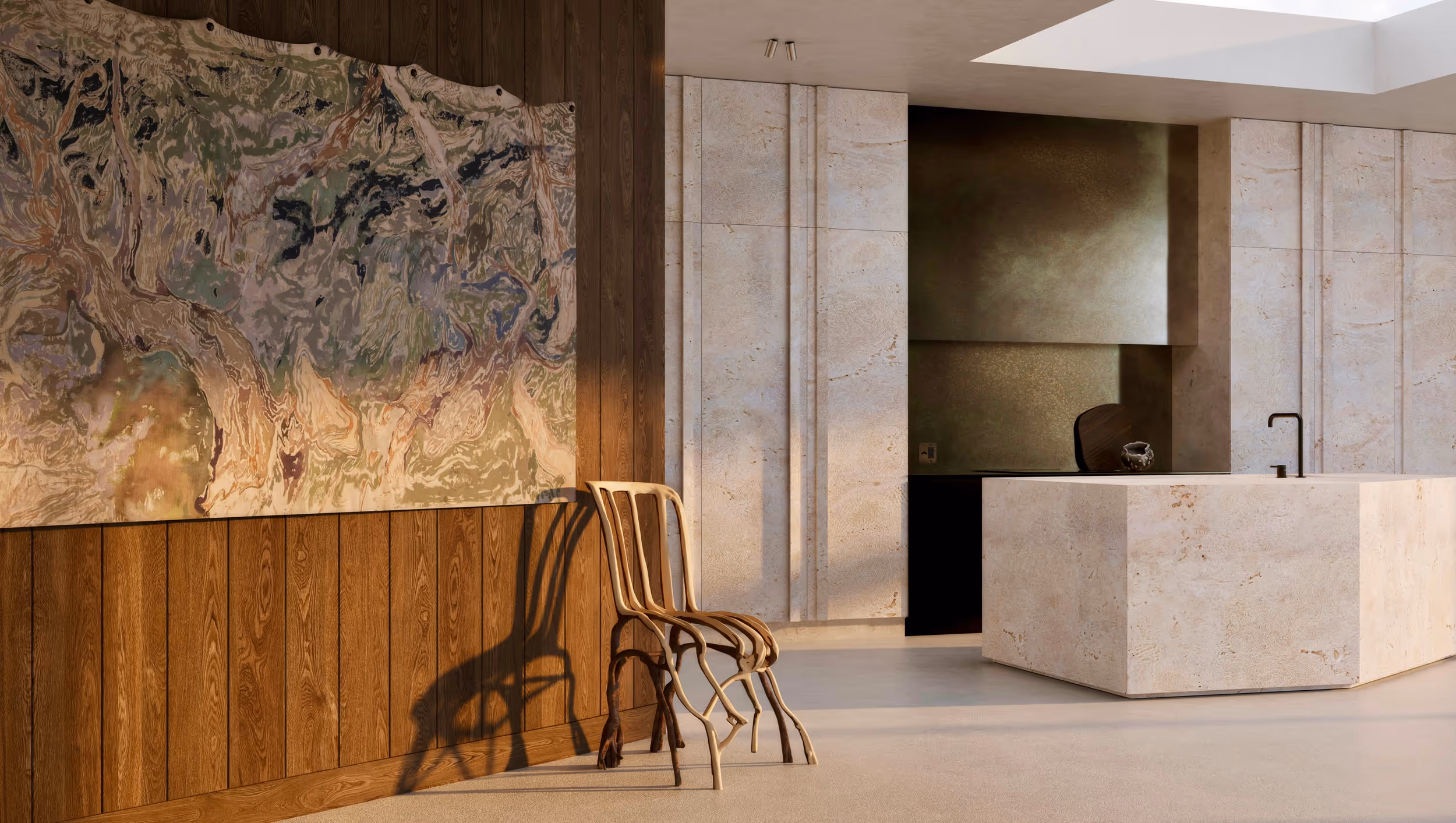 Kitchen interior with Florida Keystone surfaces, wooden paneling, and a single Fullgrown chair in the corner beneath abstract art. {wide}