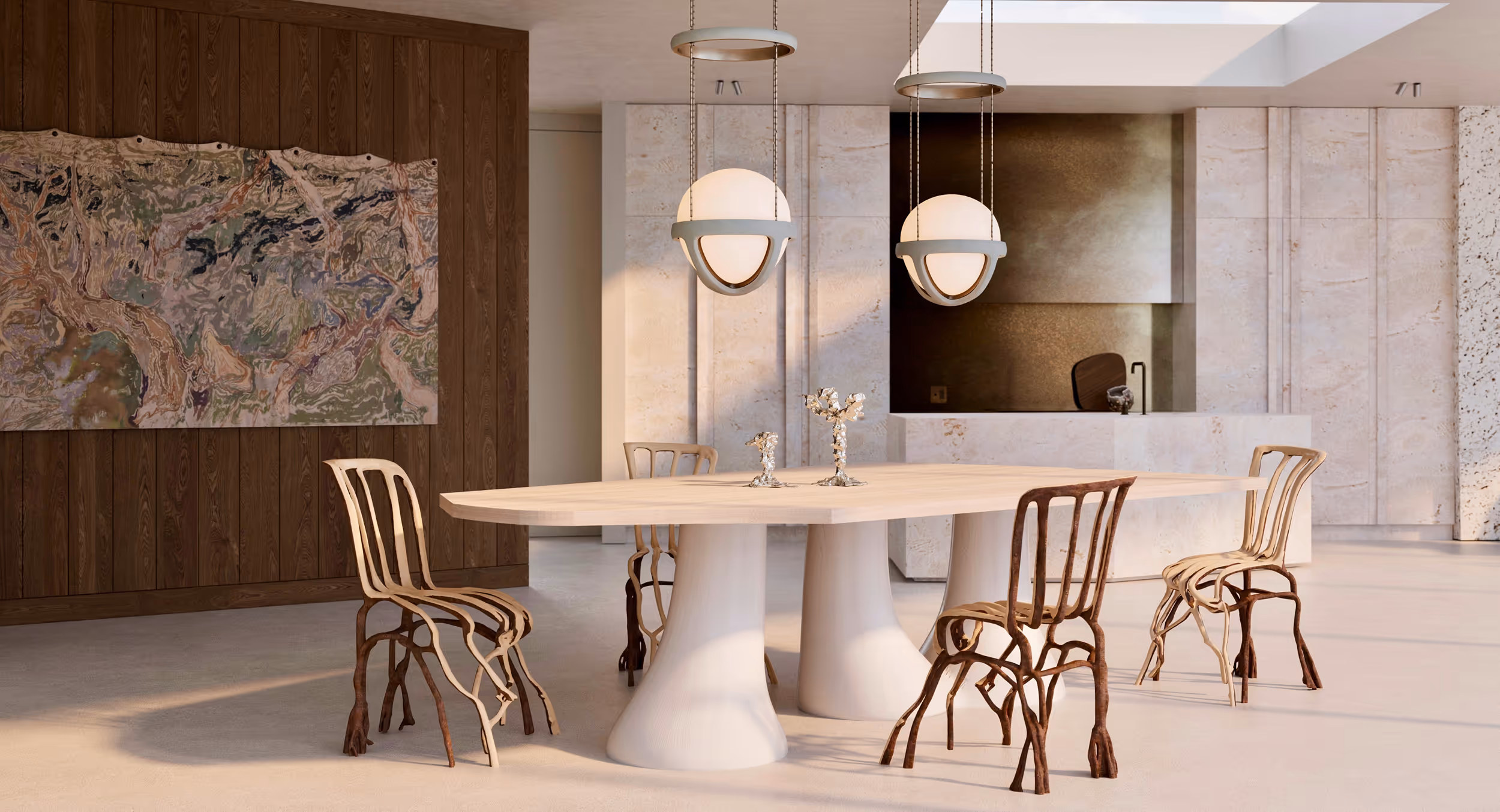 View of the dining room and kitchen, showing coral stone surfaces, custom furniture with organic forms, and integrated materials reflecting Florida’s landscape. {horizontal}