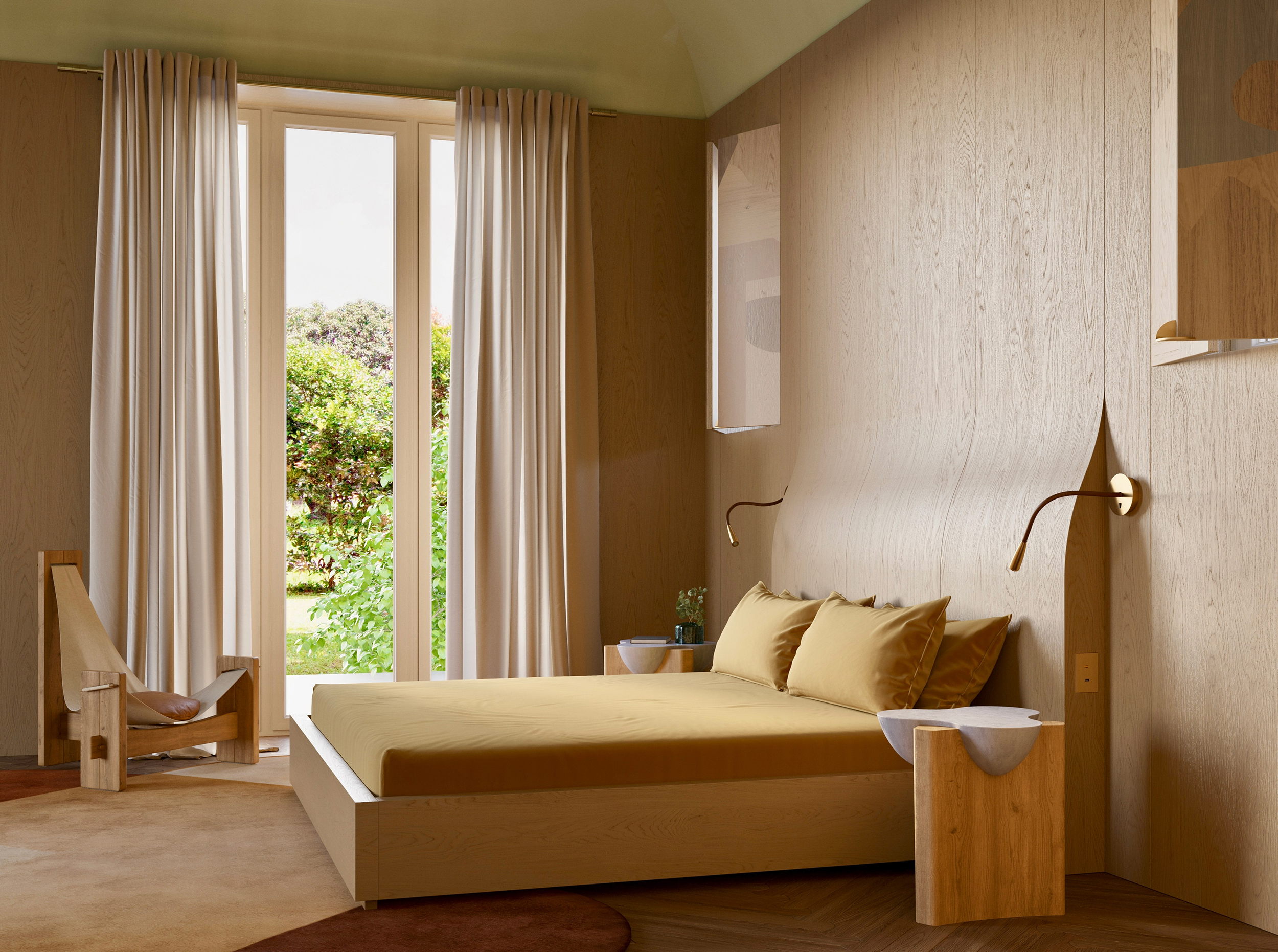 Warm-toned bedroom with curved wood paneling and a minimalist platform bed with mustard bedding. Custom wooden nightstands with ceramic basins and ajustable brass reading lights. Full-height window reveals a green garden view framed by soft curtains. Vintage three legged oak sling chair from 60s'-70s influenced byu Japanese design plrinciples and artisanal phylosophy. Small window shutters above the bed covered with marquetry made from various wood veneers. Tapis studio rug covers Listone Giordano Buiscuit wood floor.  {horizontal}