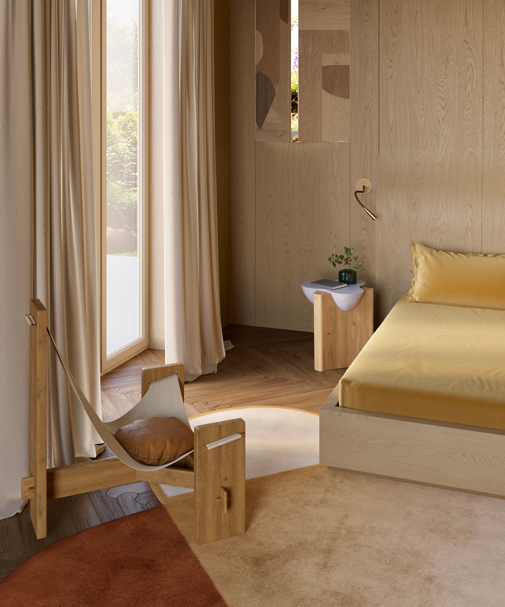 Cozy bedroom corner with custom wood finishes and soft textiles. A vintage canvas sling chair with leather cushion sits beside a low bed. Natural light pours in through tall curtains, creating a serene and earthy atmosphere. {vertical}
