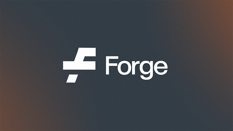 Forge logo on a background with orange gradients. 