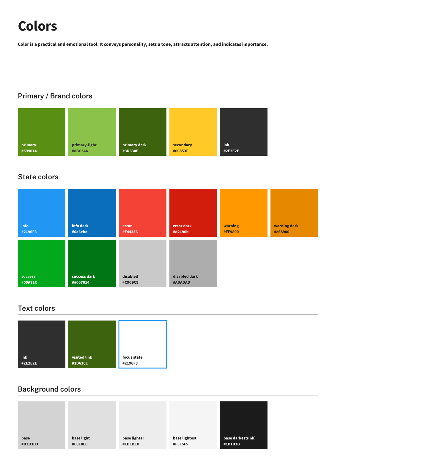 Color palette chart showing primary/brand colors, state colors, text colors, and background colors with corresponding hex codes.