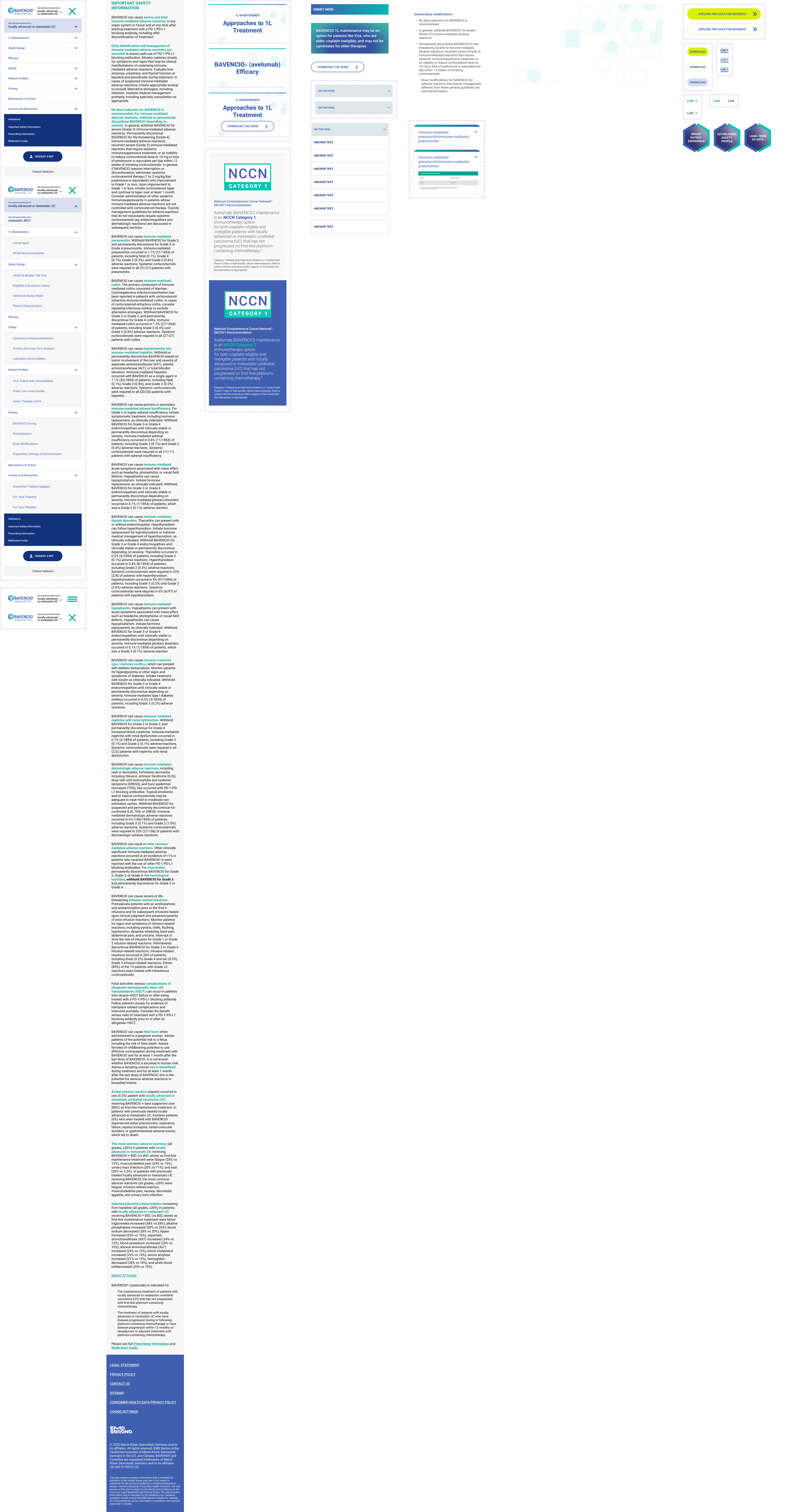 Mobile Components layout showing various UI elements including safety information, NCCN category label, expandable menus with patient information, treatment approach cards, alert and callout boxes, accordion usage, anchor link lists, and bullet text blocks.