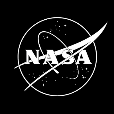 NASA logo with white letters, red swoosh, and white orbit lines over a blue circle with stars.