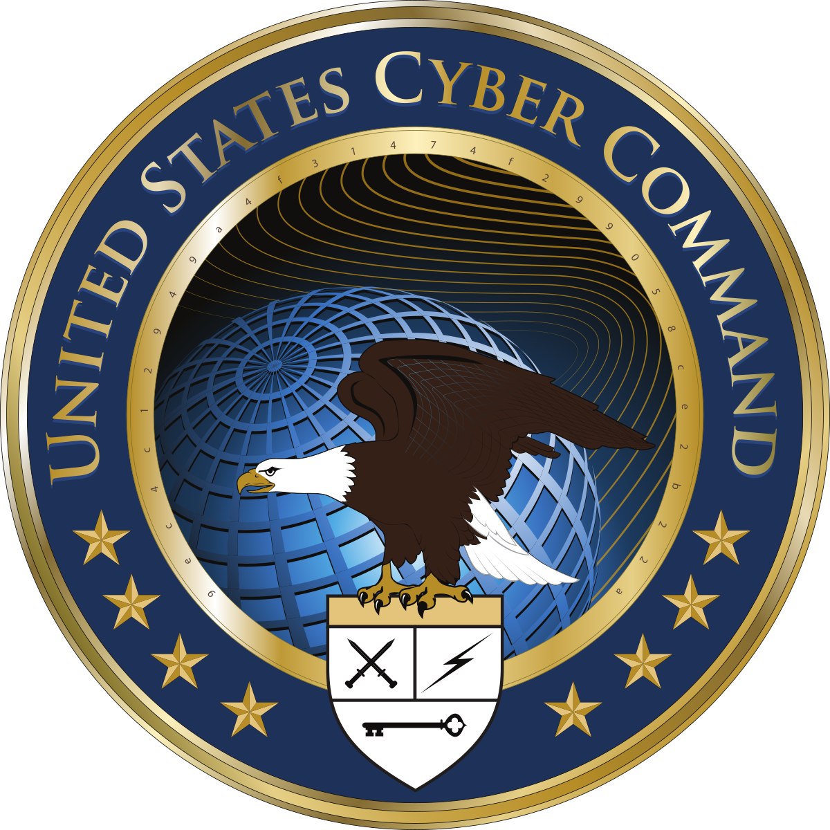 Seal of the United States Cyber Command with a bald eagle in front of a blue globe and shield with crossed swords, lightning bolt, and key.