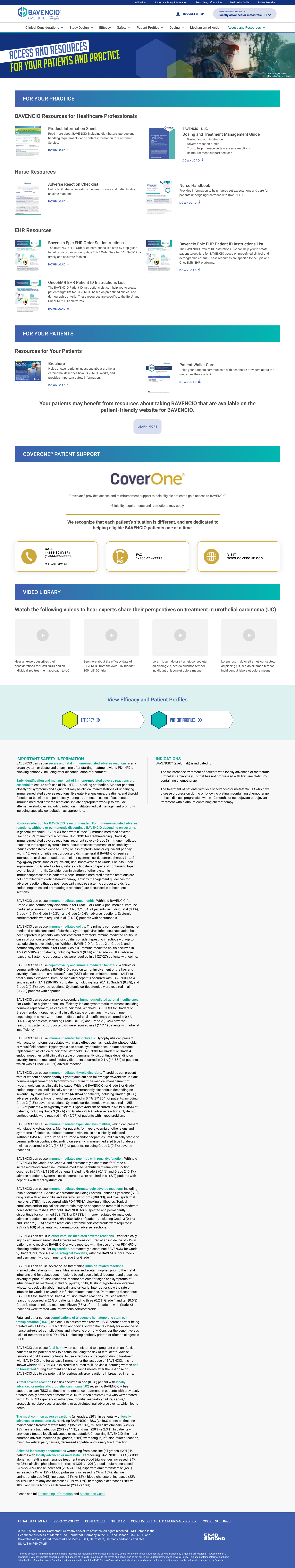 Bavencio website page titled Access and Resources for Your Patients and Practice, featuring sections with downloadable resources for healthcare professionals, nurse resources, EHR resources, patient resources, and CoverOne patient support with contact information and a video library on urothelial carcinoma treatment, followed by detailed safety information and indications for Bavencio medication.
